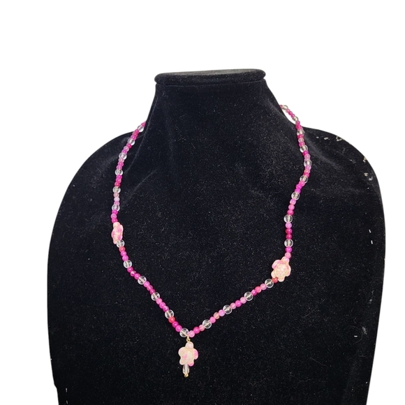 Pink Magenta Lace Agate Turquoise Turtle Beaded Clear Acrylic Necklace - Picture 1 of 4